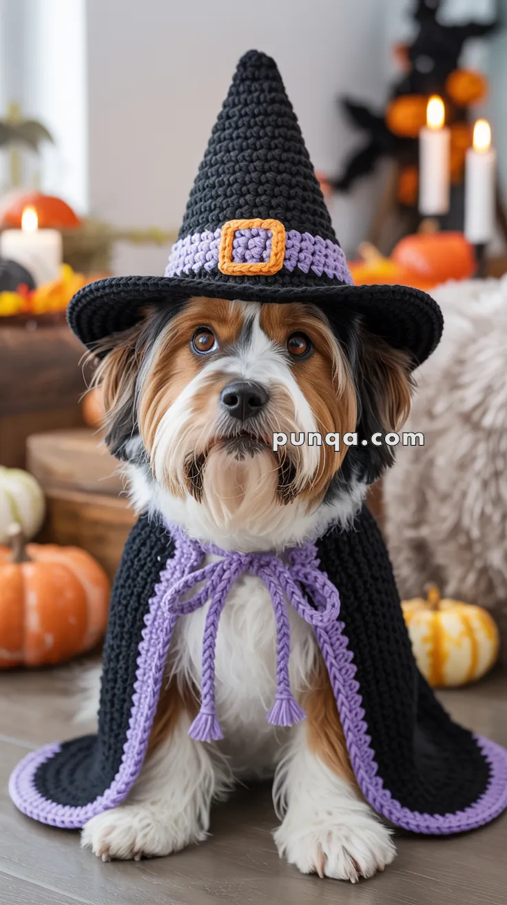 A small dog dressed in a black witch costume with a purple trim and a matching witch hat with an orange buckle, sitting in a room decorated with pumpkins and candles for Halloween.