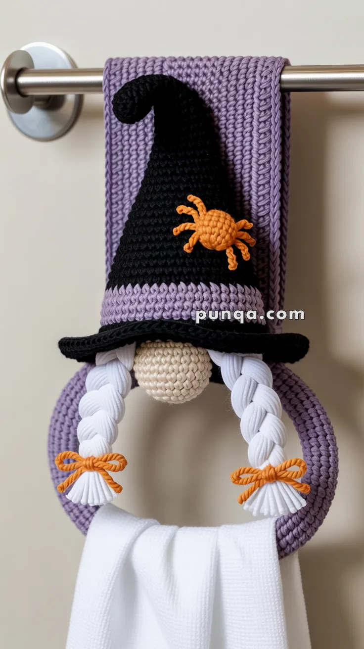 Crochet gnome decoration with a black witch hat, orange spider detail, and white braided hair, hanging on a towel rack above a white towel.