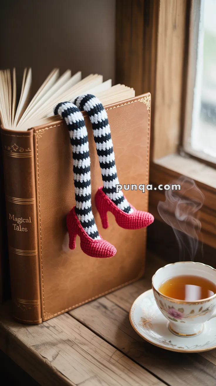 A brown book titled 'Magical Tales' with knitted doll legs, wearing black and white striped stockings and red shoes, hanging over the edge. A steaming cup of tea in a floral teacup rests on the wooden surface nearby.