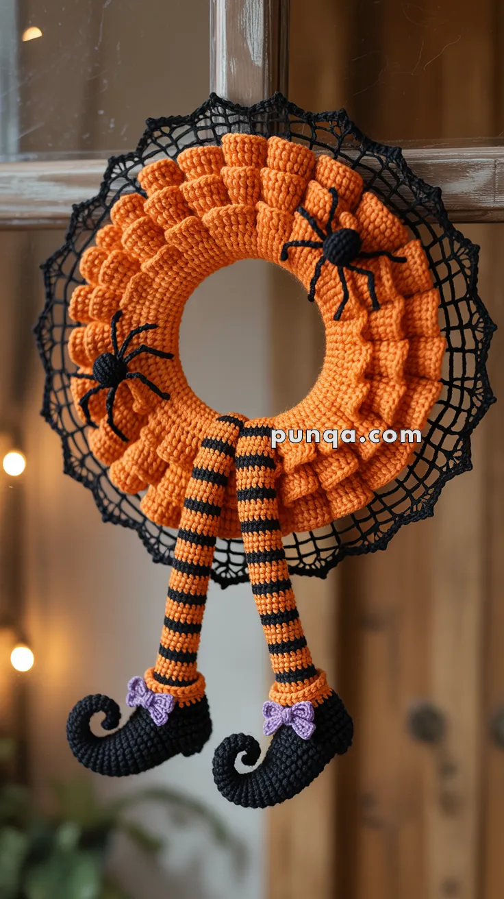 A crocheted Halloween wreath with an orange knit design, adorned with black spider decorations. Hanging from the wreath are striped orange and black legs ending in black shoes with purple bows, resembling a witch's legs. The background is a wooden door or window frame.
