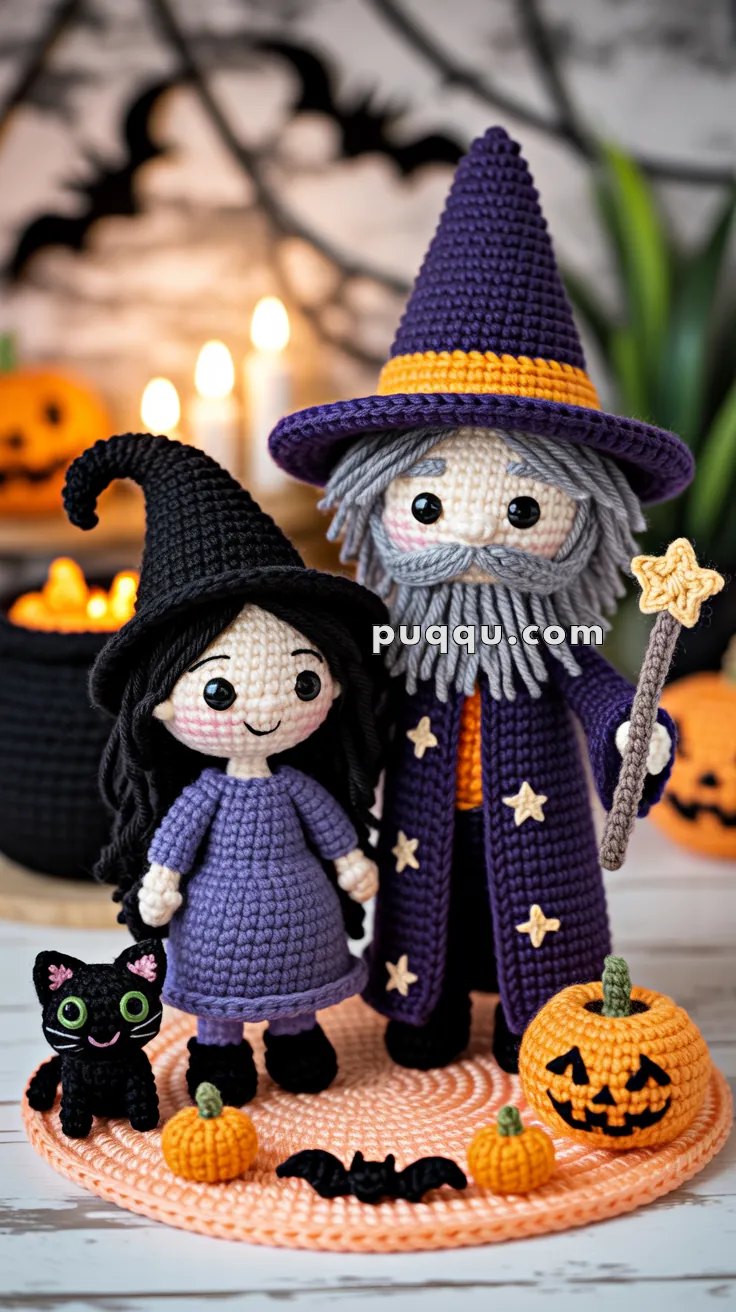 Crocheted dolls of a witch and a wizard standing on an orange mat with a black cat and two pumpkins, with a Halloween-themed background.